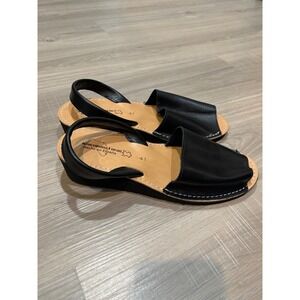 Menorquina Furan Black Leather Avarca Sandals Wedge Hecho en España Size 41